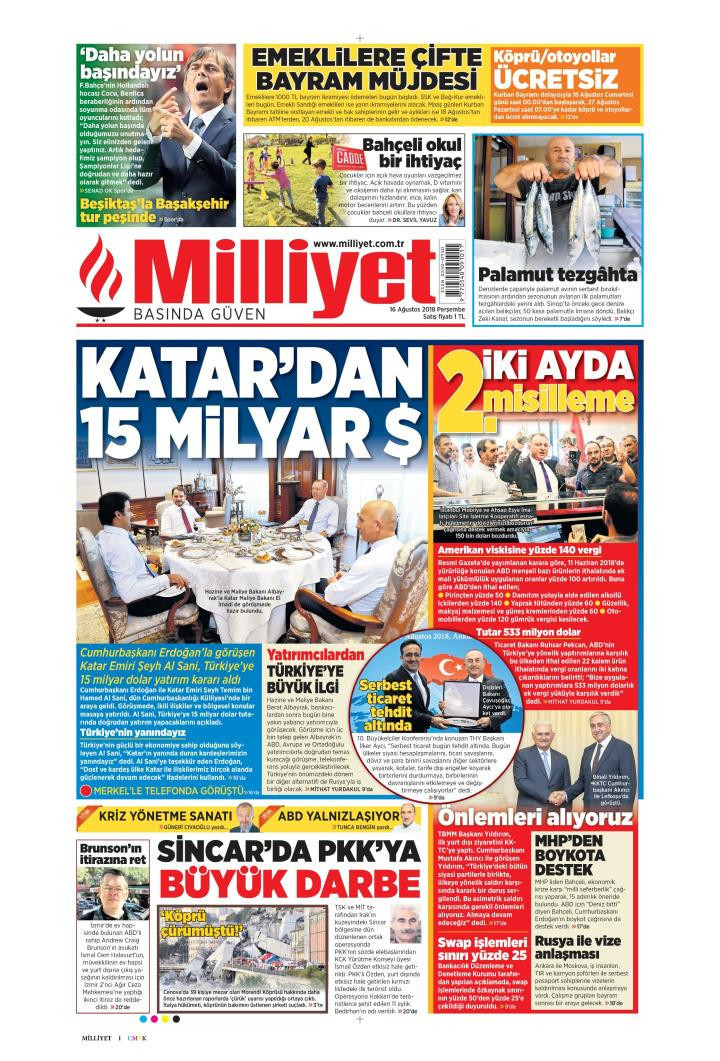 Gazete manşetleri 16 Ağustos 2018 Sabah - Yeni Şafak - Hürriyet - Sözcü - Resim: 4