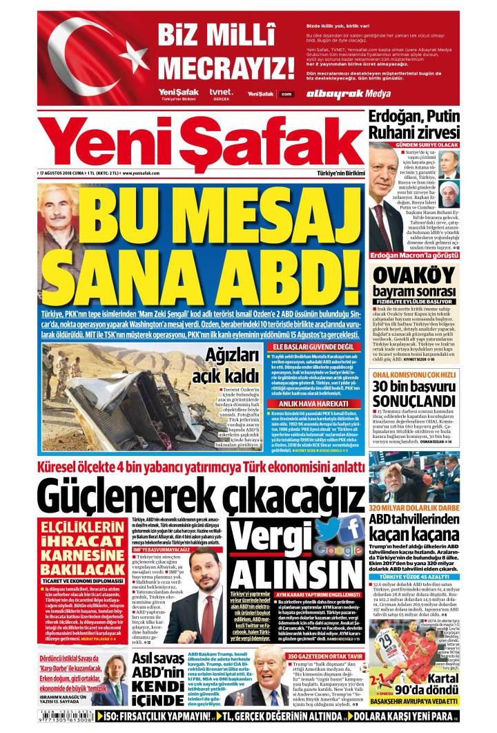 Gazete manşetleri 17 Ağustos 2018 Sözcü - Sabah - Hürriyet - Posta - Resim: 1