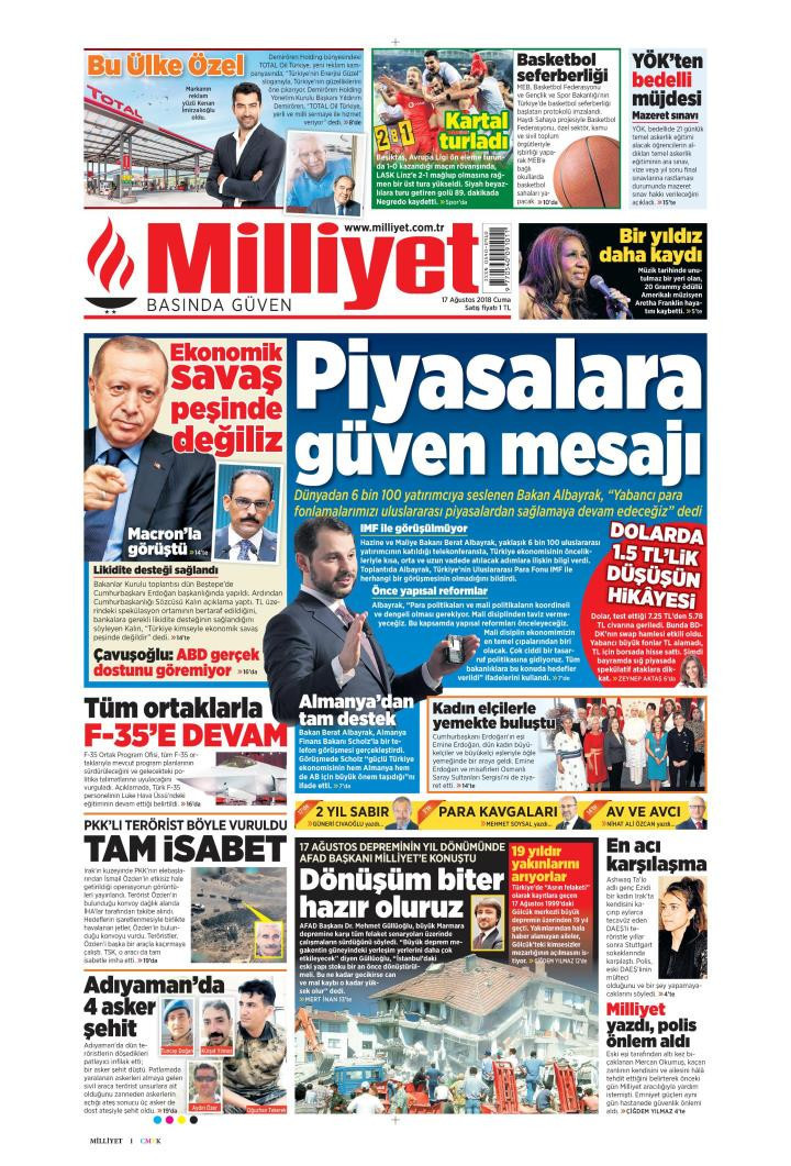 Gazete manşetleri 17 Ağustos 2018 Sözcü - Sabah - Hürriyet - Posta - Resim: 4