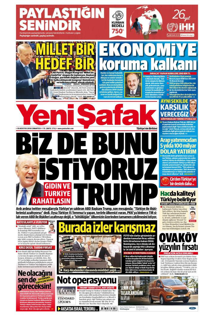 Gazete manşetleri 18 Ağustos 2018 Sabah - Yeni Şafak - Hürriyet - Sözcü - Resim: 1