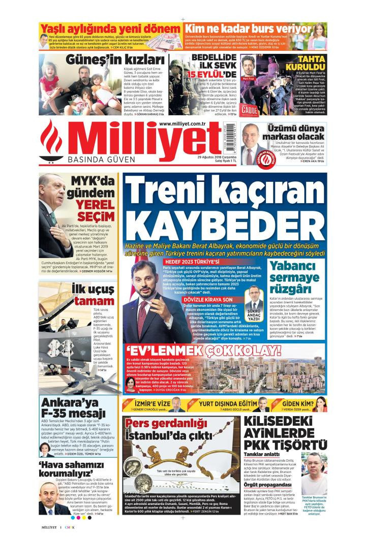 Gazete manşetleri 29 Ağustos 2018 Milliyet - Posta - Sabah - Sözcü - Resim: 4