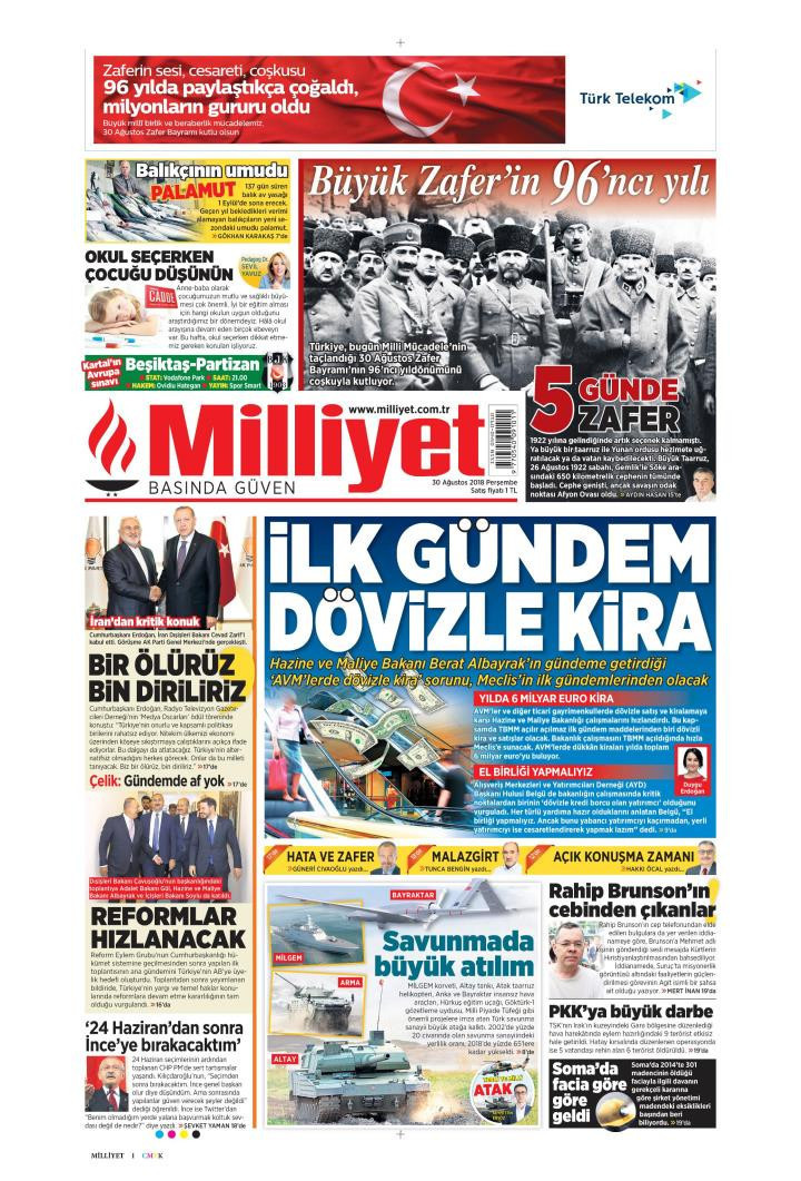Gazete manşetleri 30 Ağustos 2018 Sözcü - Hürriyet - Posta - Sabah - Resim: 4