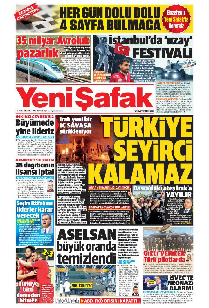 Gazete manşetleri 11 Eylül 2018 Hürriyet - Milliyet - Sözcü - Posta - Resim: 1