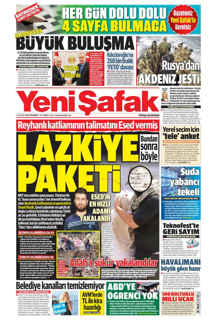 Gazete manşetleri 13 Eylül 2018 Sabah - Yeni Şafak - Milliyet - Hürriyet - Resim: 1