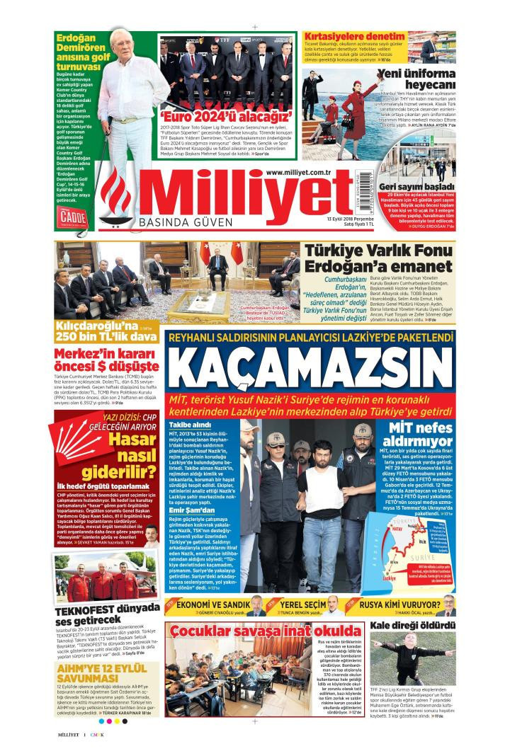 Gazete manşetleri 13 Eylül 2018 Sabah - Yeni Şafak - Milliyet - Hürriyet - Resim: 4