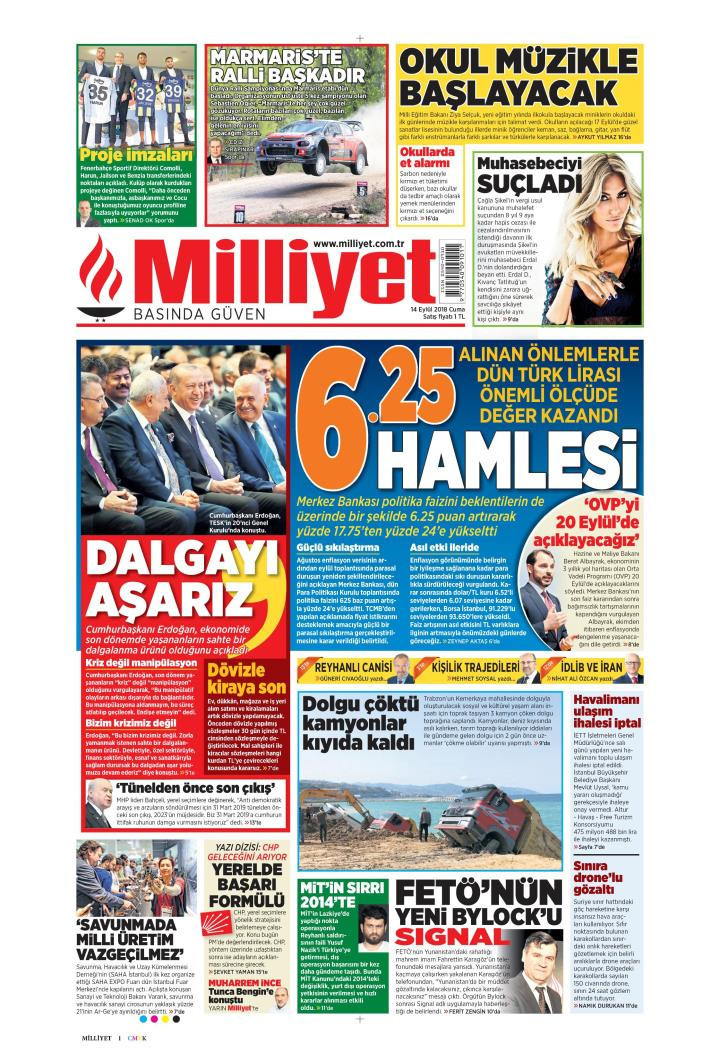 Gazete manşetleri 14 Eylül 2018 Sözcü - Posta - Milliyet - Hürriyet - Resim: 4