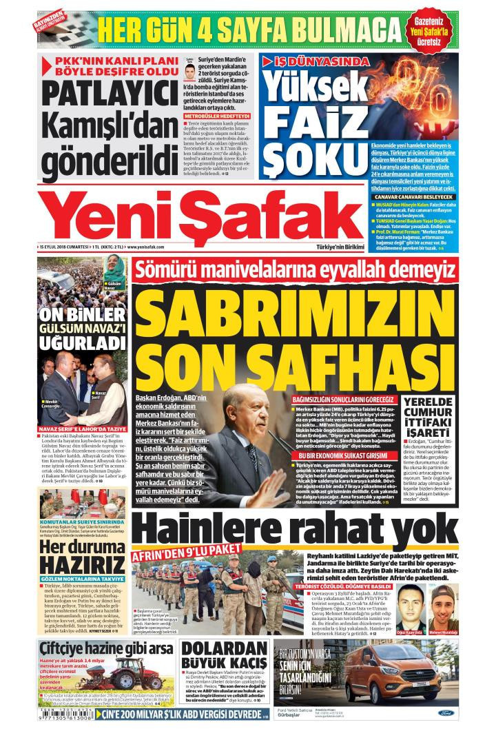 Gazete manşetleri 15 Eylül 2018 Sözcü - Sabah - Milliyet - Posta - Resim: 1