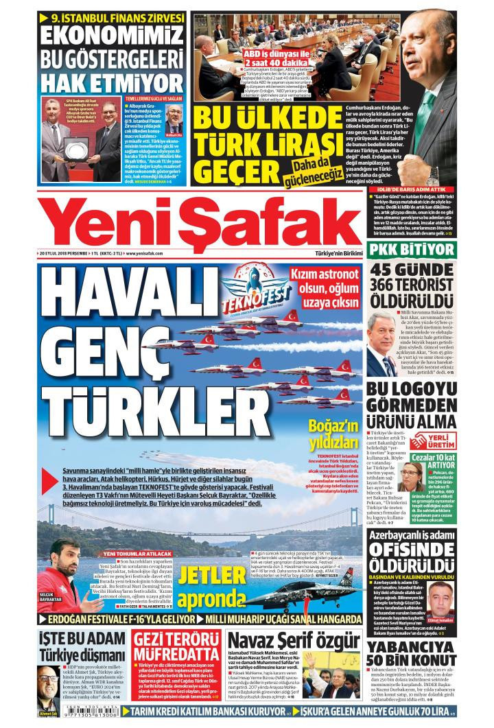 Gazete manşetleri 20 Eylül 2018 Sabah - Sözcü - Hürriyet - Posta - Resim: 1