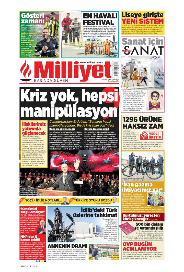 Gazete manşetleri 20 Eylül 2018 Sabah - Sözcü - Hürriyet - Posta - Resim: 4