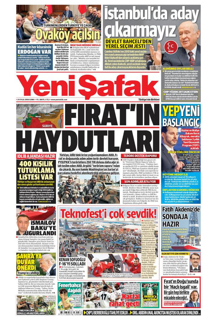 Gazete manşetleri 21 Eylül 2018 Sözcü - Milliyet - Hürriyet - Posta - Resim: 1