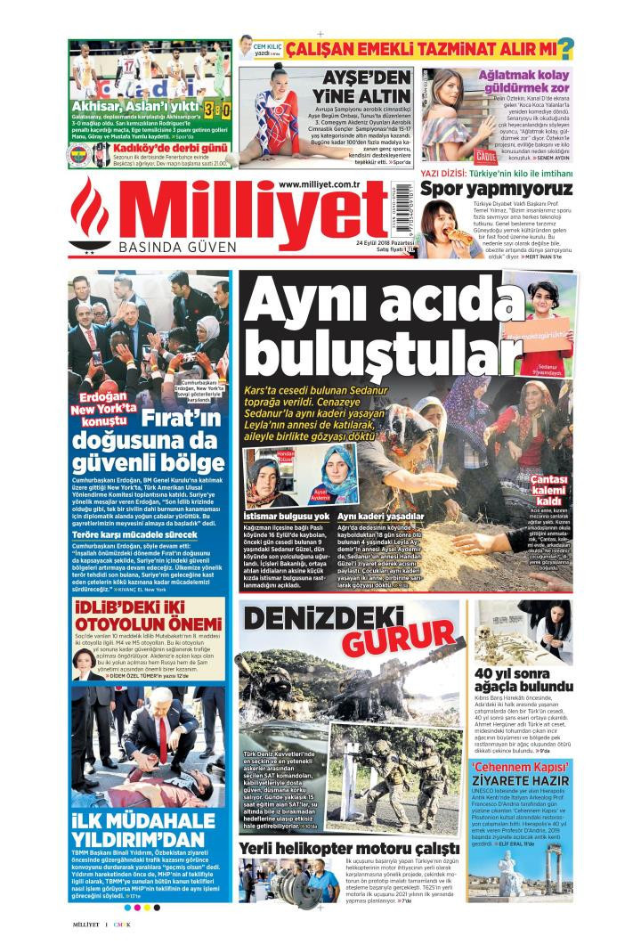 Gazete manşetleri 24 Eylül 2018 Milliyet - Hürriyet - Sözcü - Posta - Resim: 4