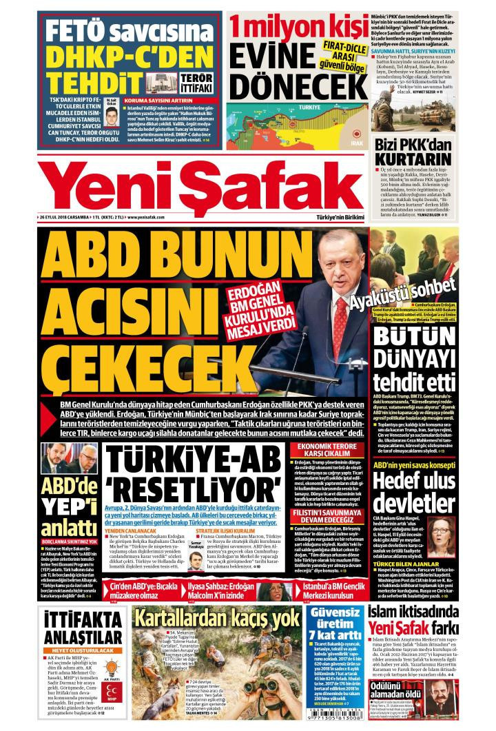 Gazete manşetleri 26 Eylül 2018 Sözcü - Hürriyet - Posta - Milliyet - Resim: 1