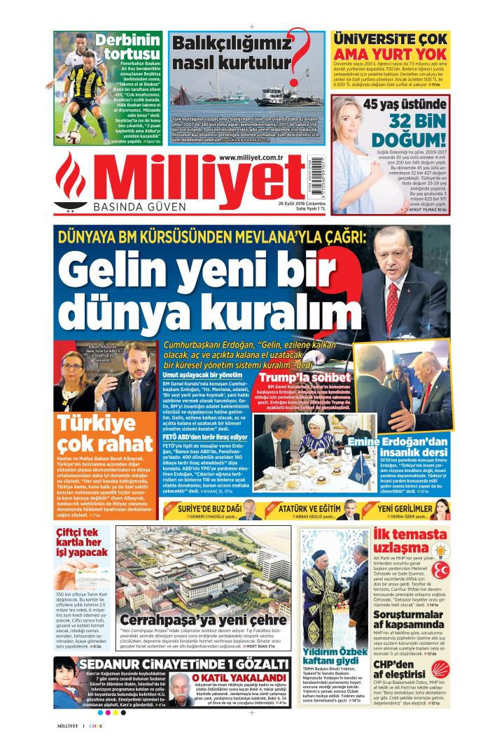 Gazete manşetleri 26 Eylül 2018 Sözcü - Hürriyet - Posta - Milliyet - Resim: 4