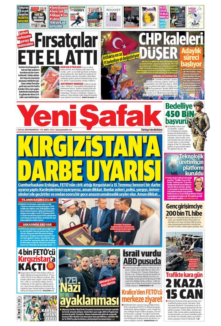 Gazete manşetleri 3 Eylül 2018 Sabah - Hürriyet - Milliyet - Sözcü - Resim: 1