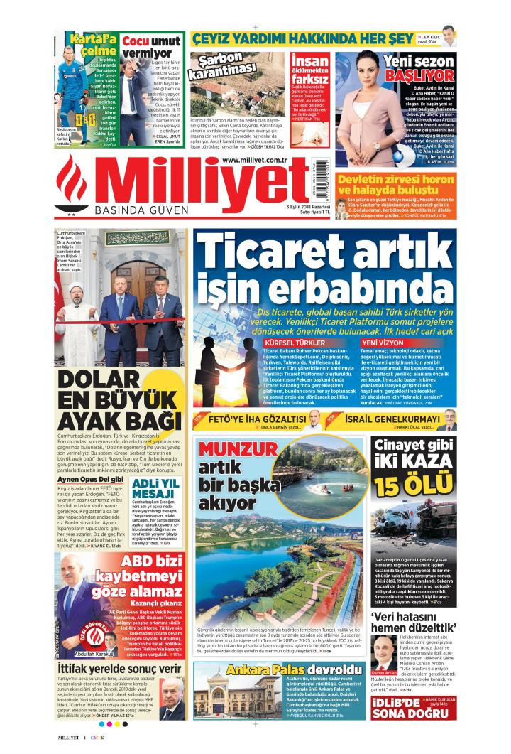 Gazete manşetleri 3 Eylül 2018 Sabah - Hürriyet - Milliyet - Sözcü - Resim: 4