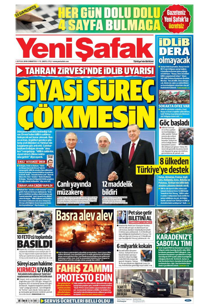 Gazete manşetleri 8 Eylül 2018 Sabah - Milliyet - Hürriyet - Sabah - Resim: 1