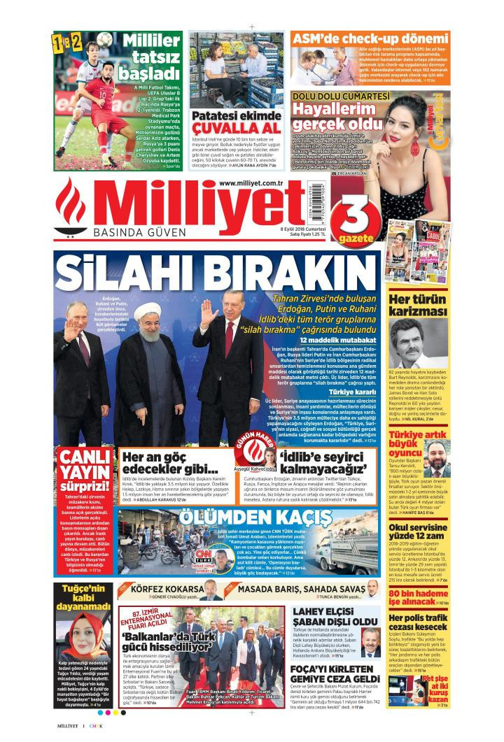 Gazete manşetleri 8 Eylül 2018 Sabah - Milliyet - Hürriyet - Sabah - Resim: 4