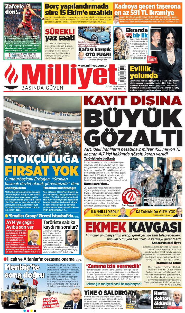 Gazete manşetleri 3 Ekim 2018 Milliyet - Hürriyet - Sözcü - Posta - Resim: 4