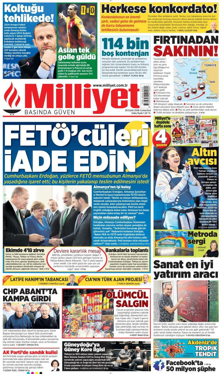 Gazete manşetleri 29 Eylül 2018 Hürriyet - Posta - Sözcü - Sabah - Resim: 4