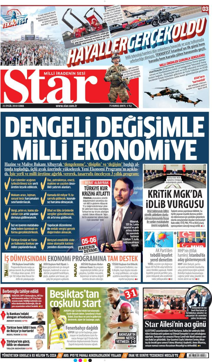 Gazete manşetleri 21 Eylül 2018 Sözcü - Milliyet - Hürriyet - Posta - Resim: 2