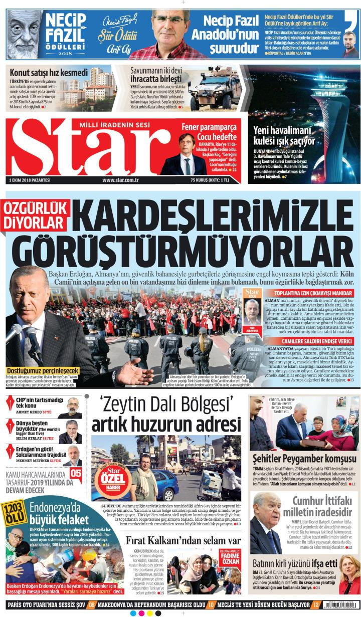 Gazete manşetleri 1 Ekim 2018 Hürriyet - Posta - Sözcü - Sabah - Resim: 2