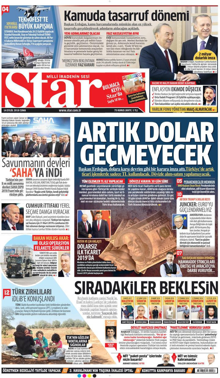 Gazete manşetleri 14 Eylül 2018 Sözcü - Posta - Milliyet - Hürriyet - Resim: 2
