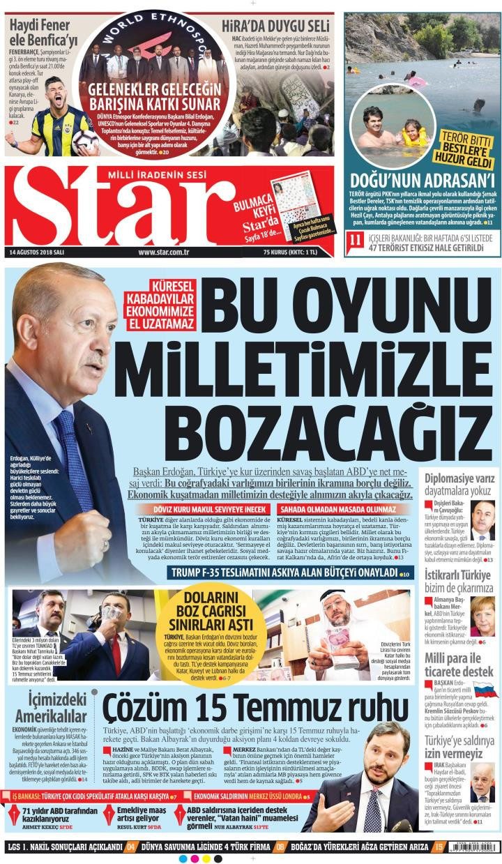 Gazete manşetleri 14 Ağustos 2018 Star - Sözcü - Yeni Şafak - Milliyet - Resim: 2