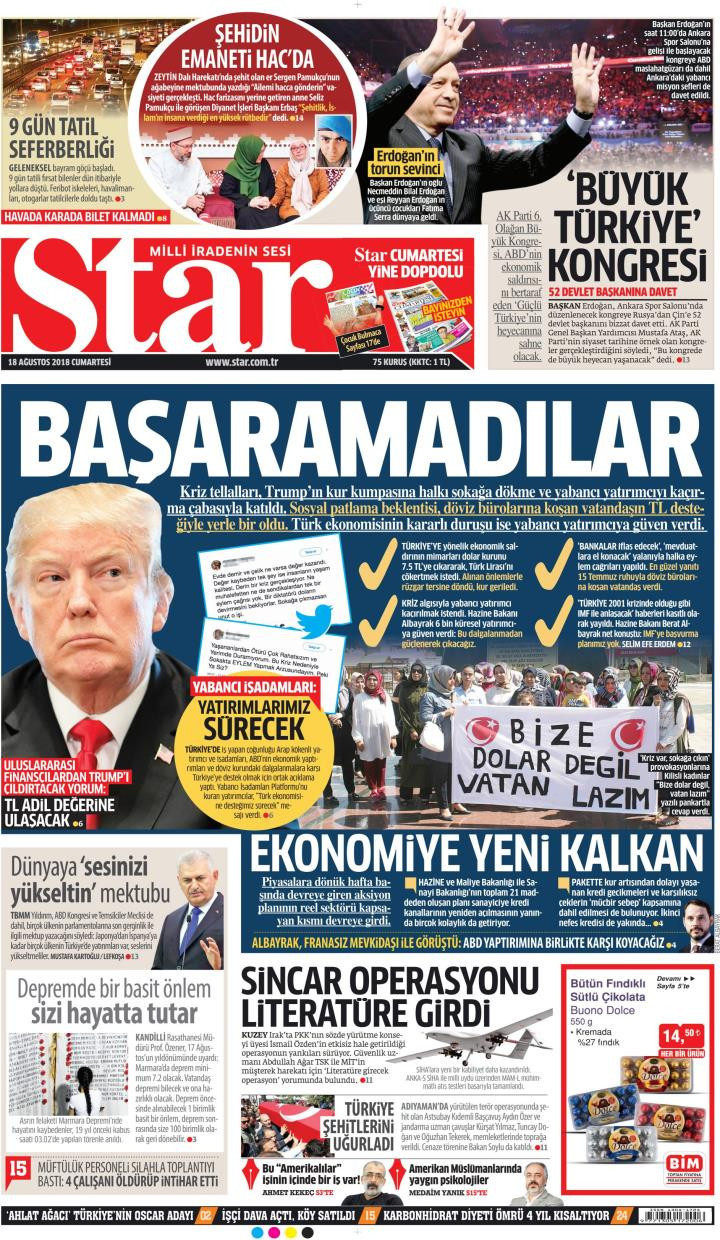 Gazete manşetleri 18 Ağustos 2018 Sabah - Yeni Şafak - Hürriyet - Sözcü - Resim: 2