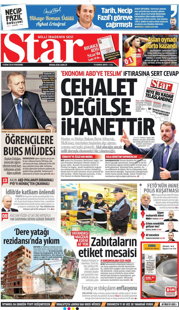 Gazete manşetleri 4 Ekim 2018 Sabah - Yeni Şafak - Hürriyet - Milliyet - Resim: 2