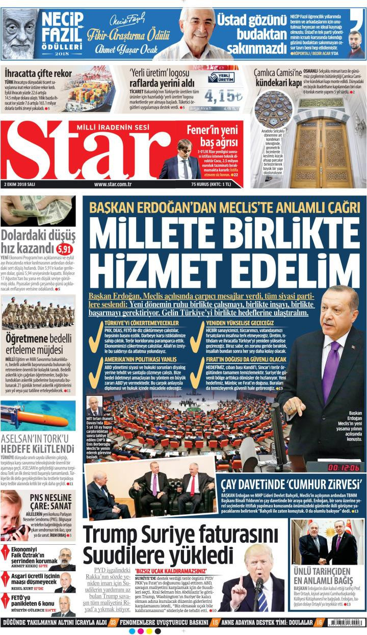 Gazete manşetleri 2 Ekim 2018 Sabah - Hürriyet - Sözcü - Milliyet - Resim: 2