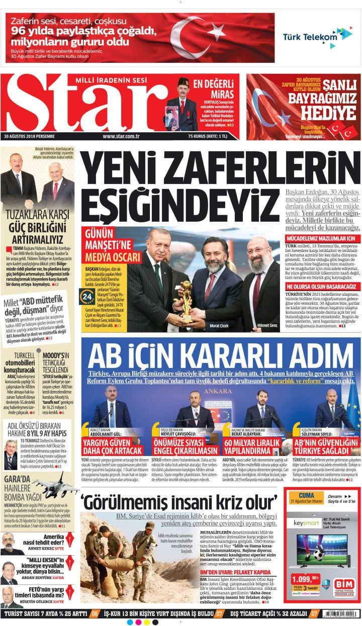 Gazete manşetleri 30 Ağustos 2018 Sözcü - Hürriyet - Posta - Sabah - Resim: 2