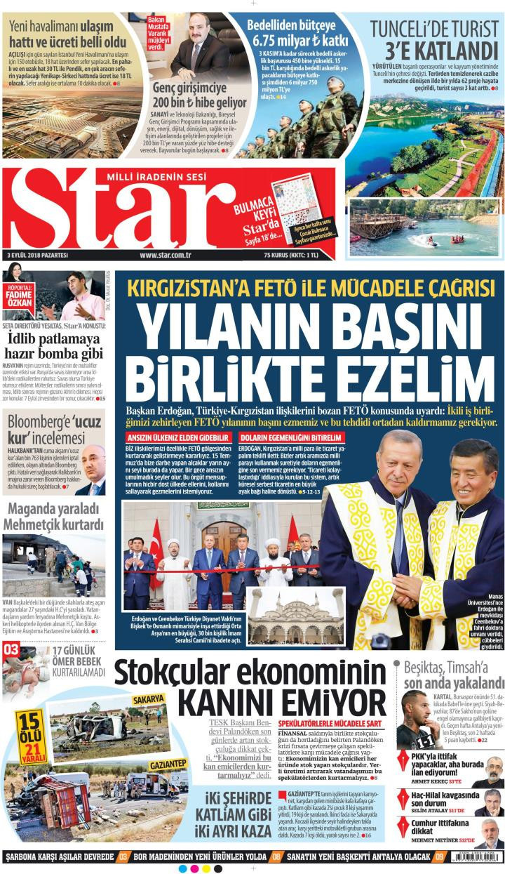Gazete manşetleri 3 Eylül 2018 Sabah - Hürriyet - Milliyet - Sözcü - Resim: 2