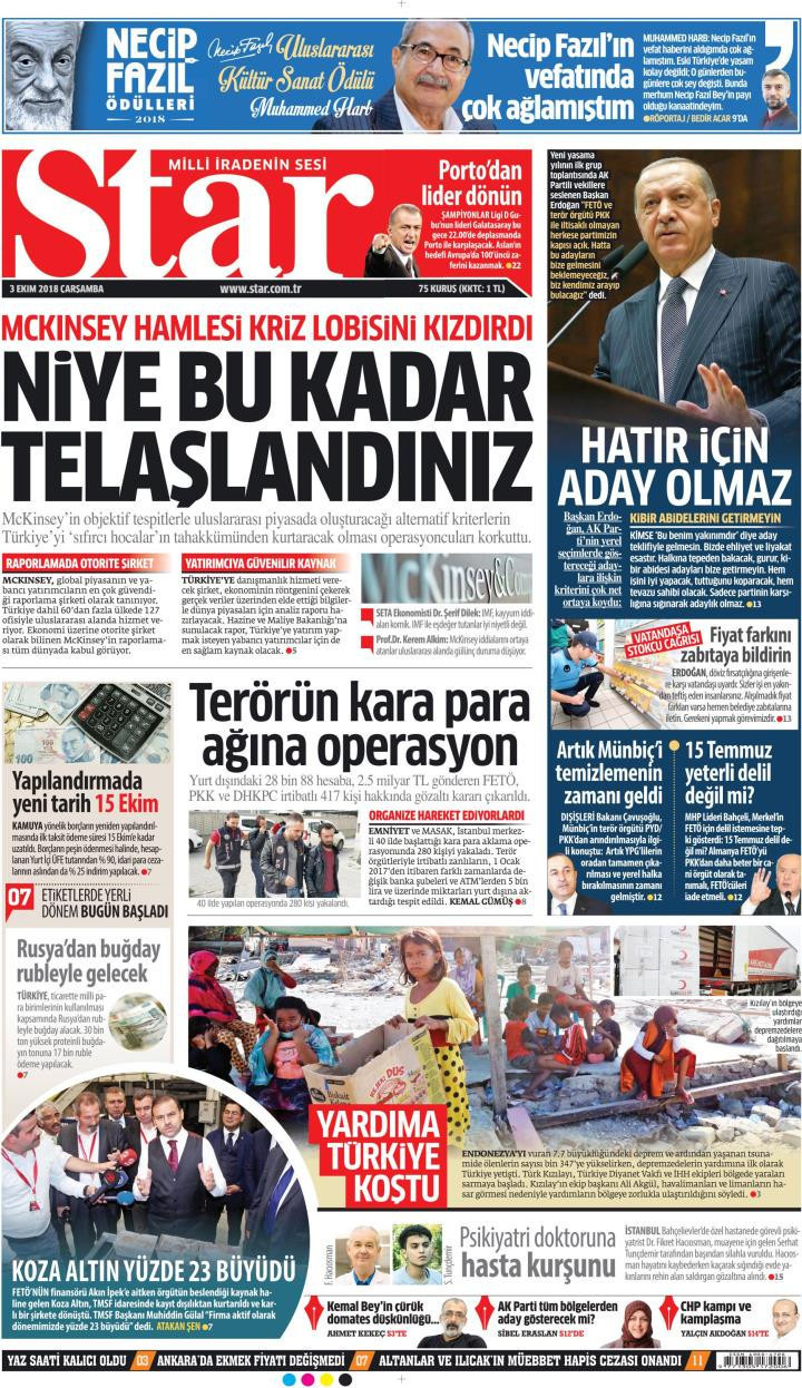 Gazete manşetleri 3 Ekim 2018 Milliyet - Hürriyet - Sözcü - Posta - Resim: 2