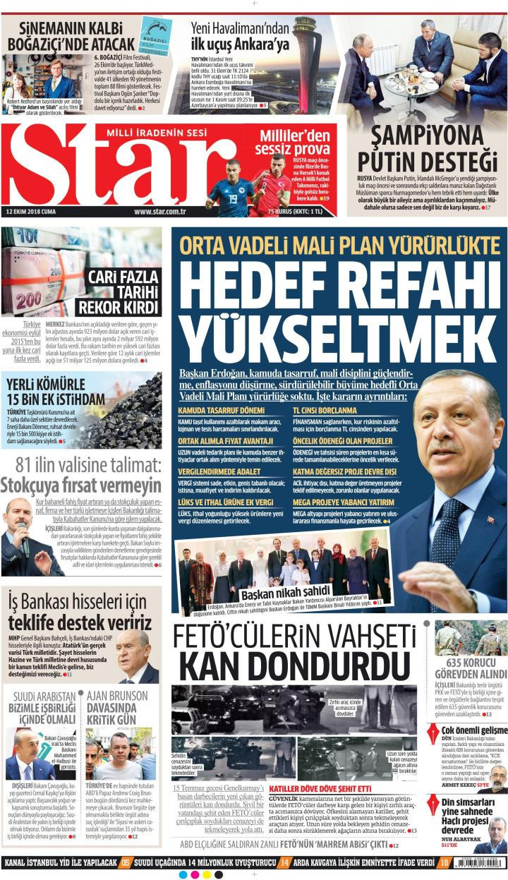 Gazete manşetleri 12 Ekim 2018 Hürriyet - Sözcü - Posta - Milliyet - Resim: 2