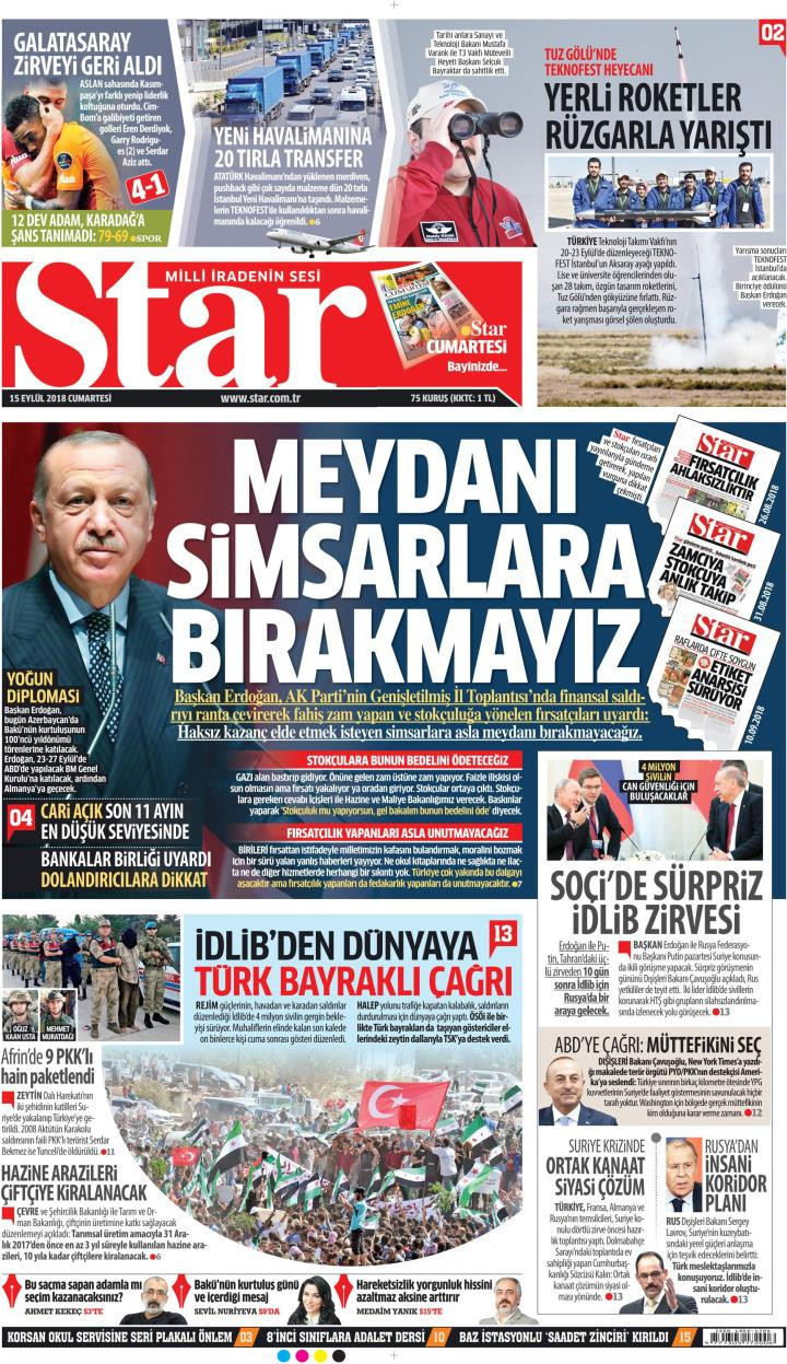 Gazete manşetleri 15 Eylül 2018 Sözcü - Sabah - Milliyet - Posta - Resim: 2