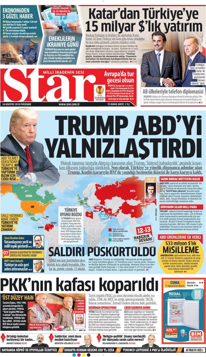 Gazete manşetleri 16 Ağustos 2018 Sabah - Yeni Şafak - Hürriyet - Sözcü - Resim: 2