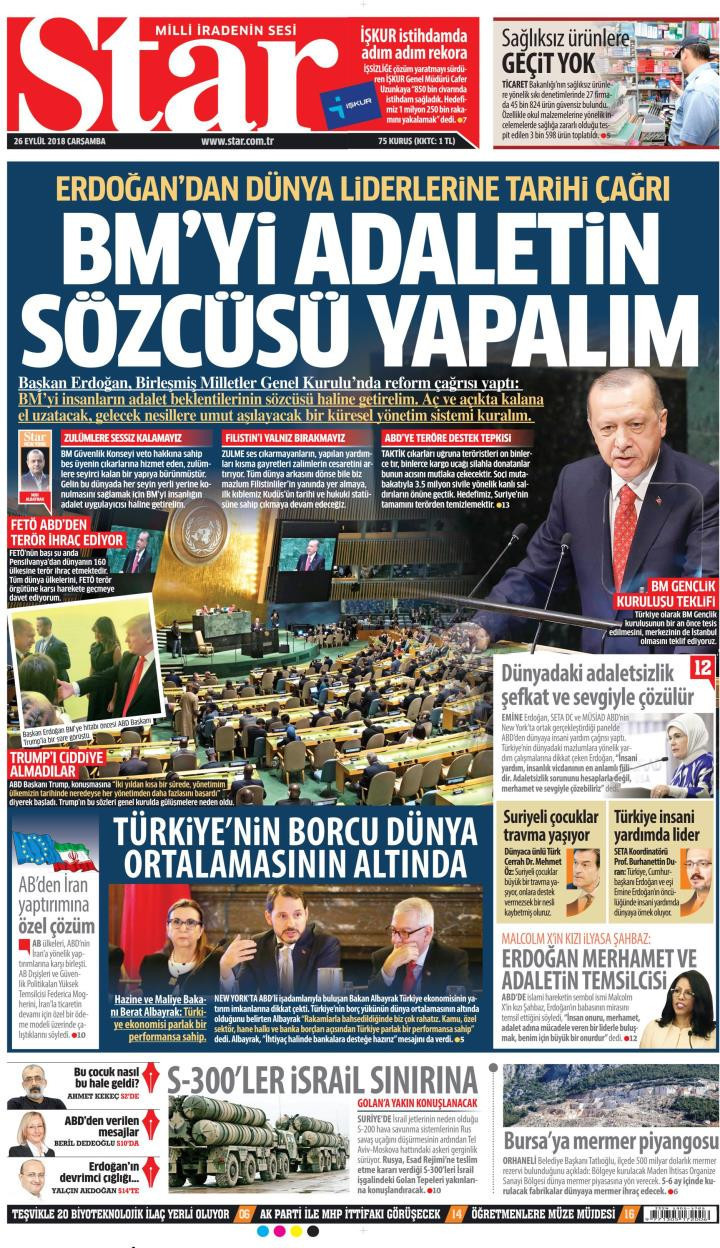 Gazete manşetleri 26 Eylül 2018 Sözcü - Hürriyet - Posta - Milliyet - Resim: 2