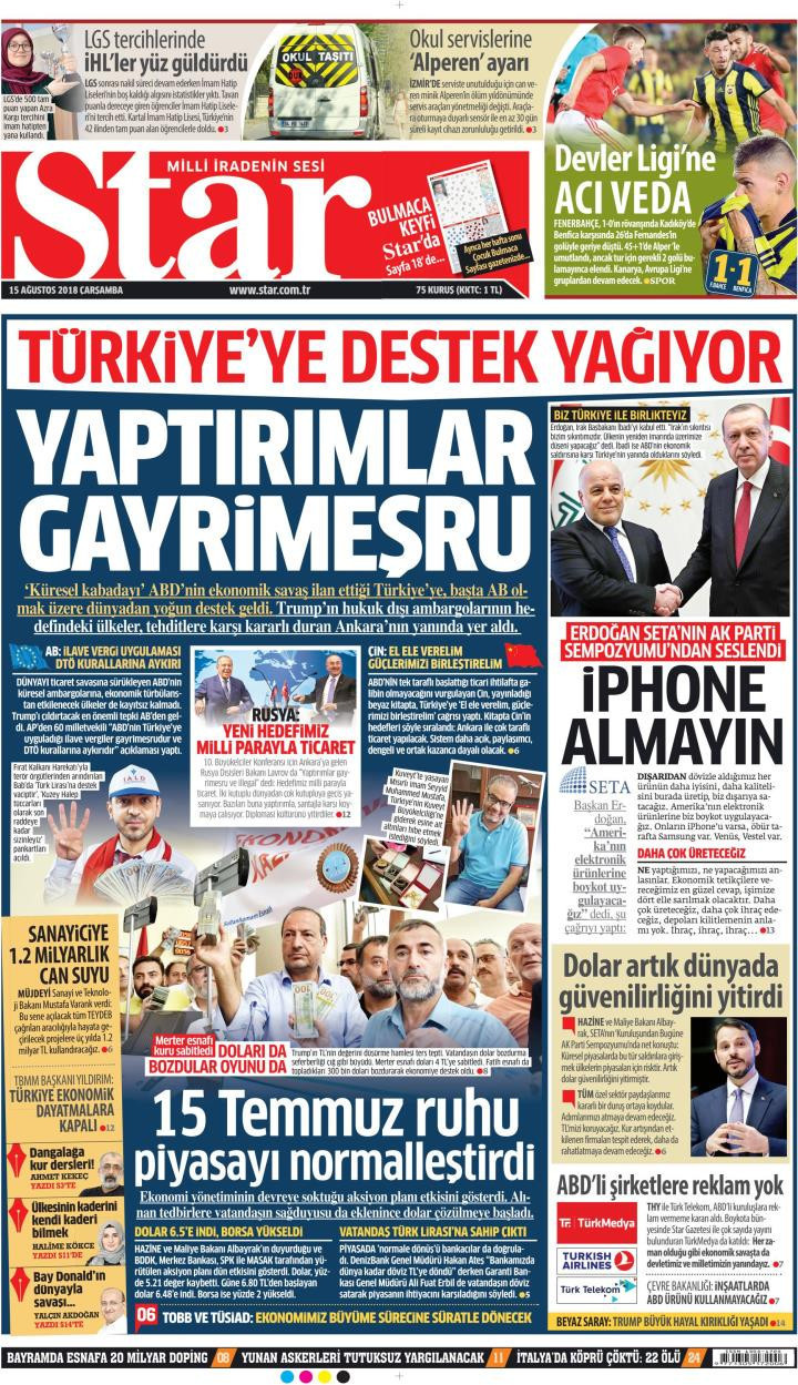 Gazete manşetleri 15 Ağustos 2018 Milliyet - Sabah - Yeni Şafak - Hürriyet - Resim: 2