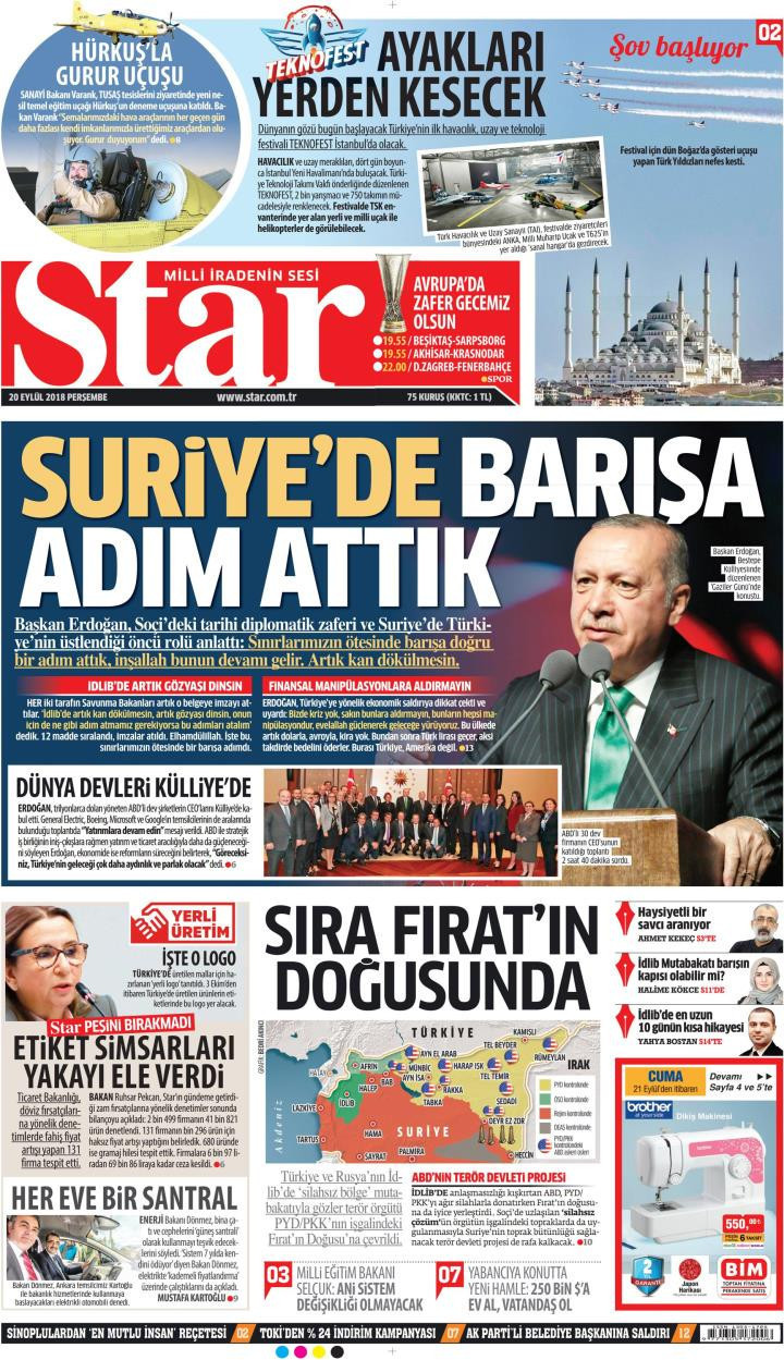 Gazete manşetleri 20 Eylül 2018 Sabah - Sözcü - Hürriyet - Posta - Resim: 2