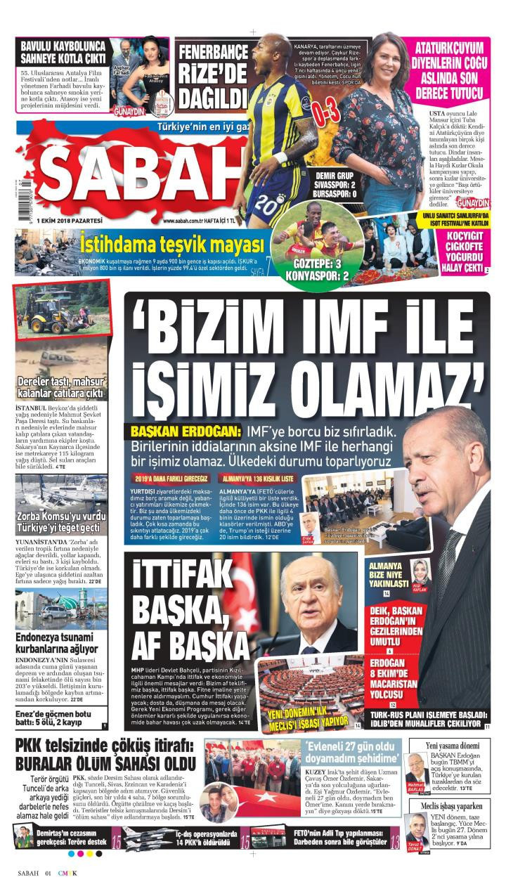 Gazete manşetleri 1 Ekim 2018 Hürriyet - Posta - Sözcü - Sabah - Resim: 3