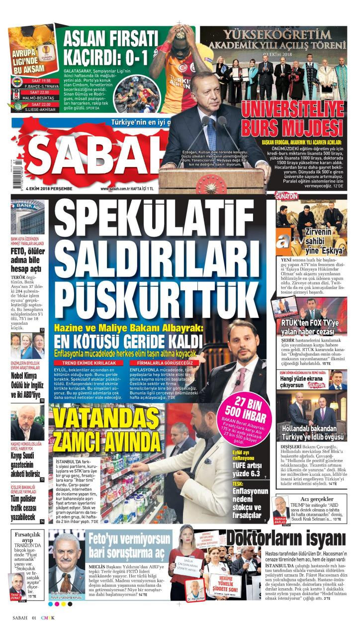 Gazete manşetleri 4 Ekim 2018 Sabah - Yeni Şafak - Hürriyet - Milliyet - Resim: 3