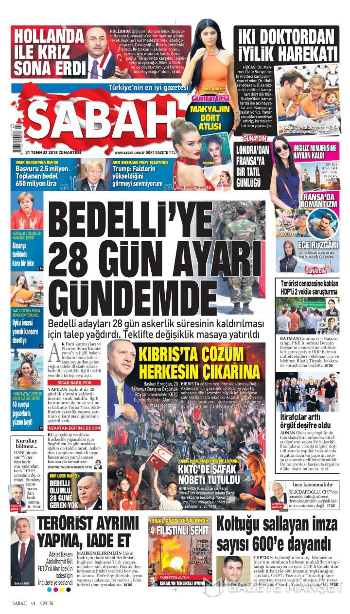 Gazete manşetleri 21 Temmuz 2018 Hürriyet - Posta - Sabah - Sözcü - Resim: 3