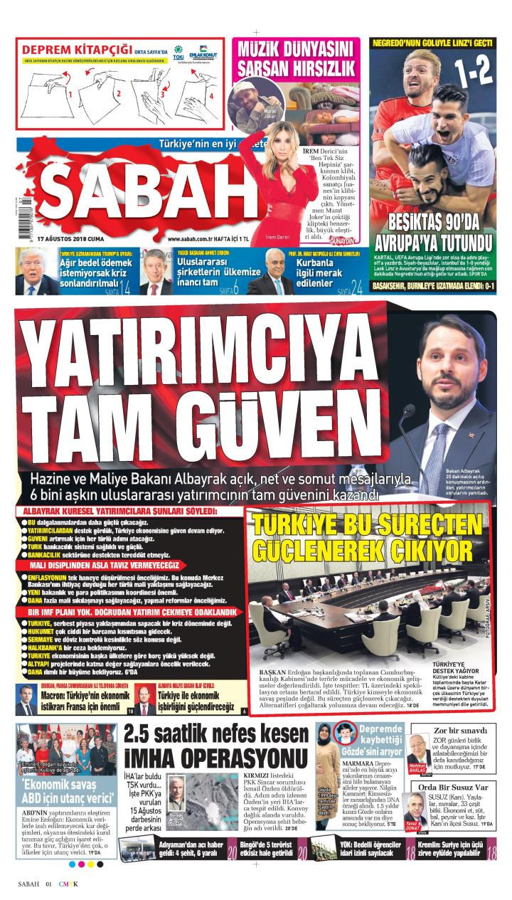 Gazete manşetleri 17 Ağustos 2018 Sözcü - Sabah - Hürriyet - Posta - Resim: 3