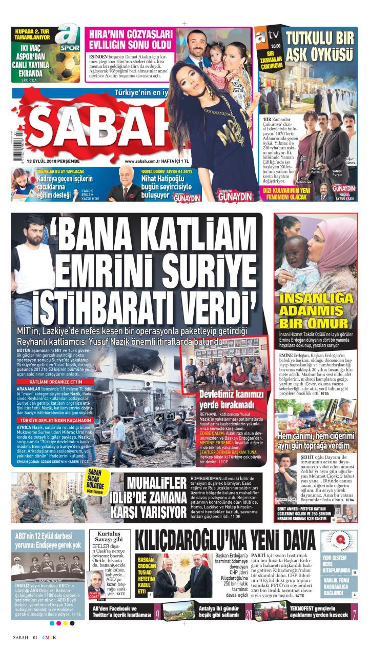 Gazete manşetleri 13 Eylül 2018 Sabah - Yeni Şafak - Milliyet - Hürriyet - Resim: 3