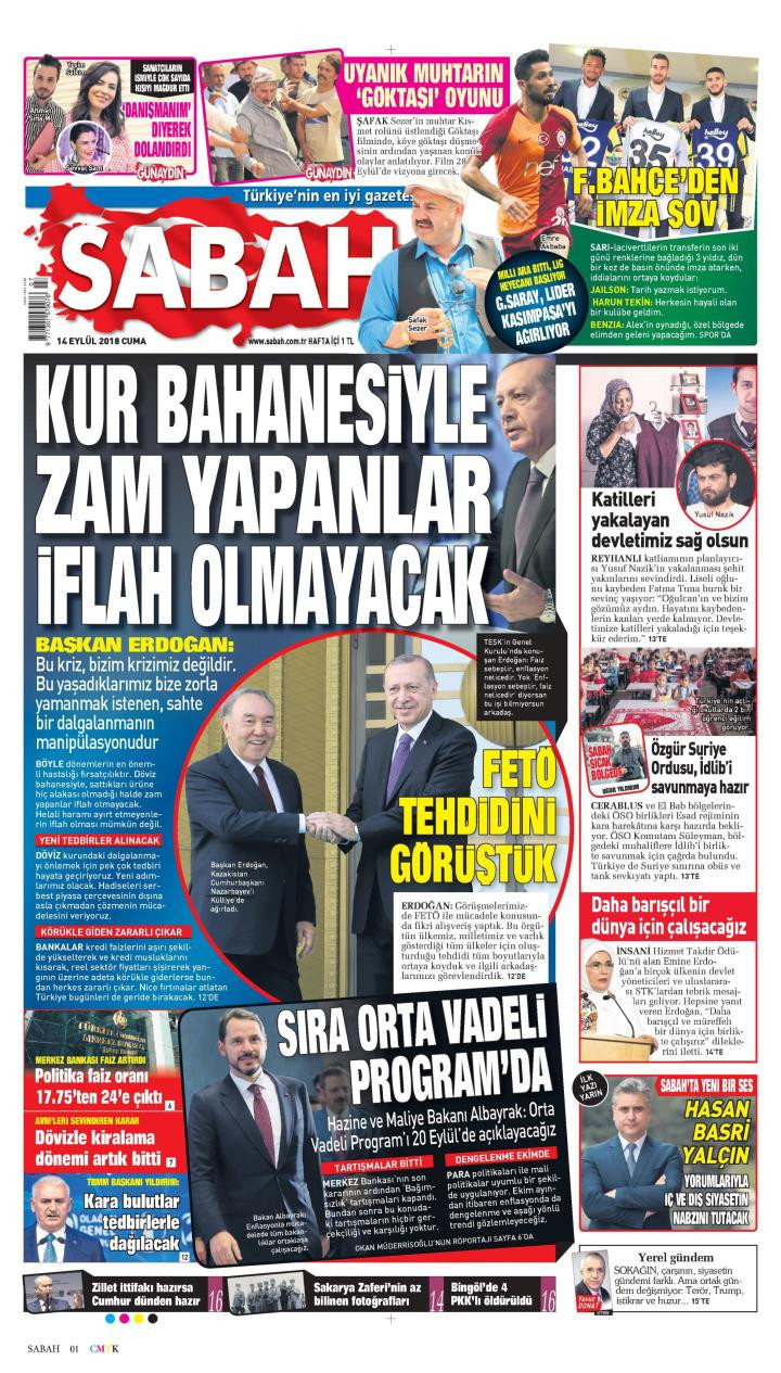 Gazete manşetleri 14 Eylül 2018 Sözcü - Posta - Milliyet - Hürriyet - Resim: 3
