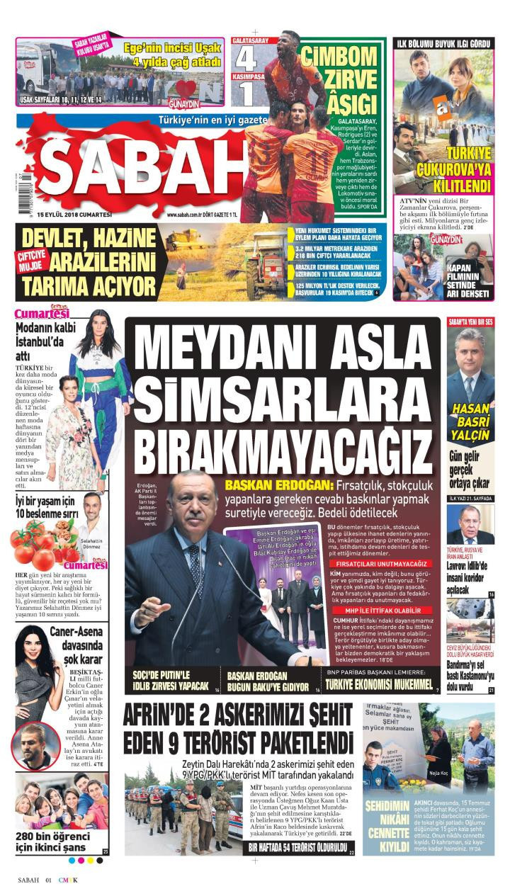Gazete manşetleri 15 Eylül 2018 Sözcü - Sabah - Milliyet - Posta - Resim: 3