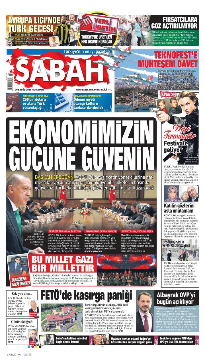 Gazete manşetleri 20 Eylül 2018 Sabah - Sözcü - Hürriyet - Posta - Resim: 3