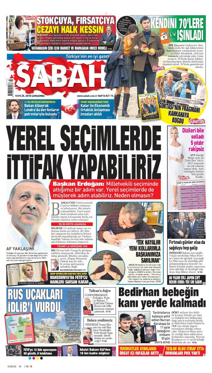 Gazete manşetleri 5 Eylül 2018 Sabah - Hürriyet - Milliyet - Sözcü - Resim: 3
