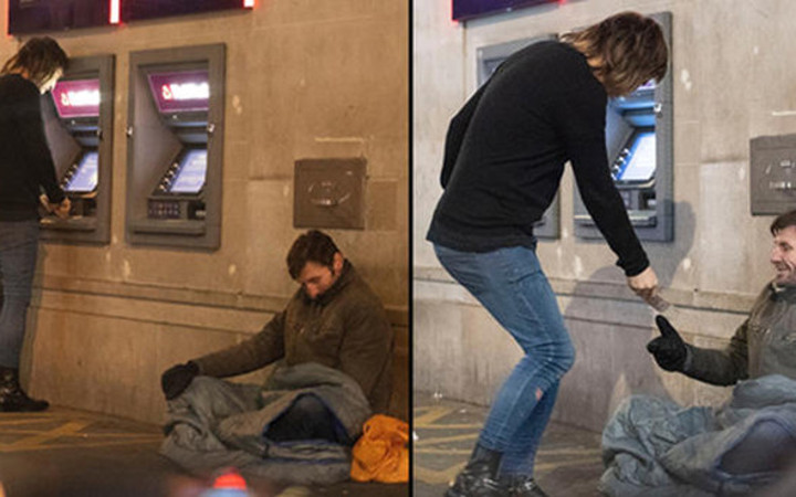 Ünlü sunucu bankamatikten para çekti evsiz adama verdi