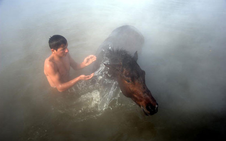 Kaplıcalara atlarıyla giren insanlar